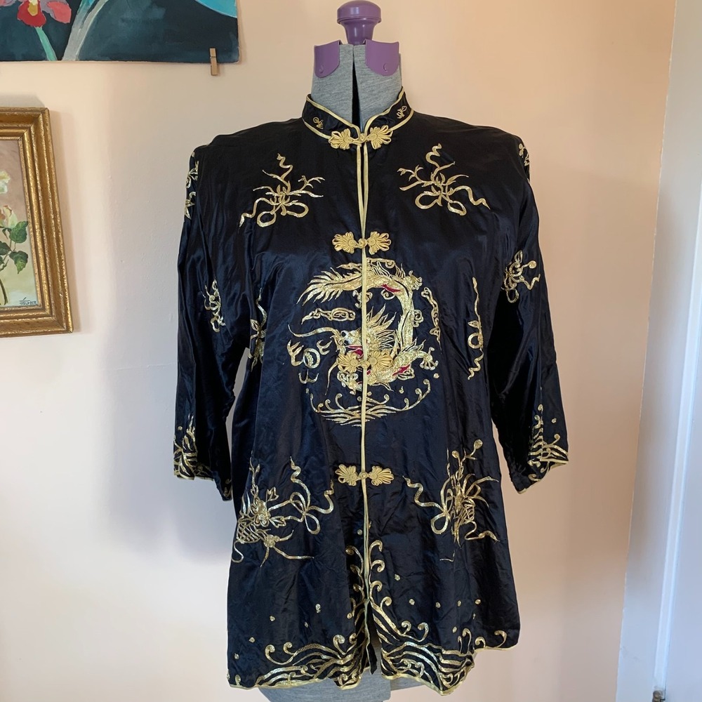 ESME Vintage Black Silk Gold Dragon Embroidered Closure Chinese Gua Jacket XL